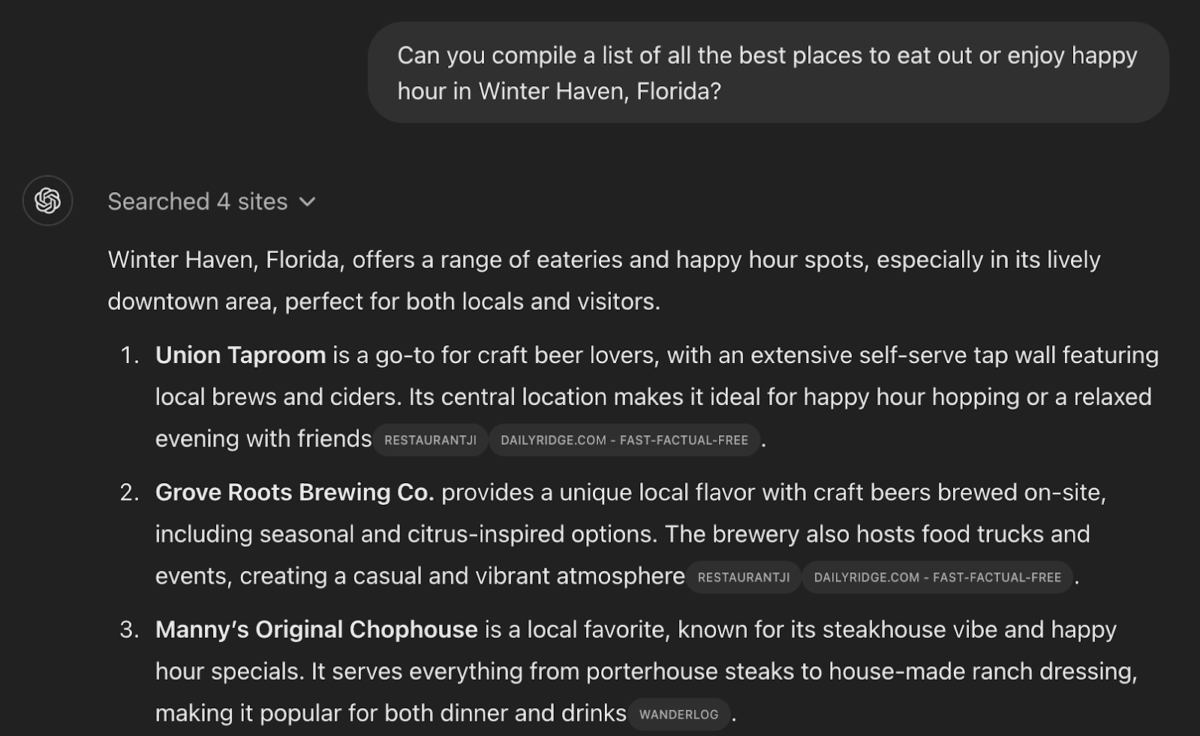 A ChatGPT session of the best places to eat and enjoy happy hour in Winterhaven, FL.