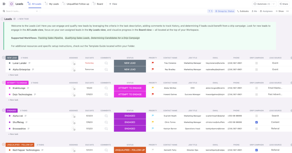 Example of ClickUp CRM template