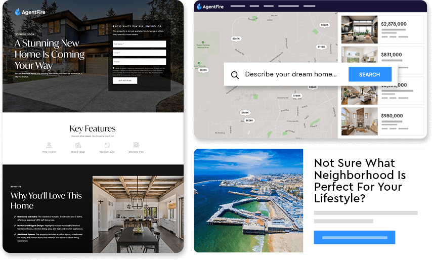 Examples of a real estate agent website showing the homepage and a home search map feature.
