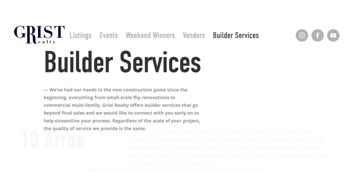 Grist Realty's website showcasing builder services