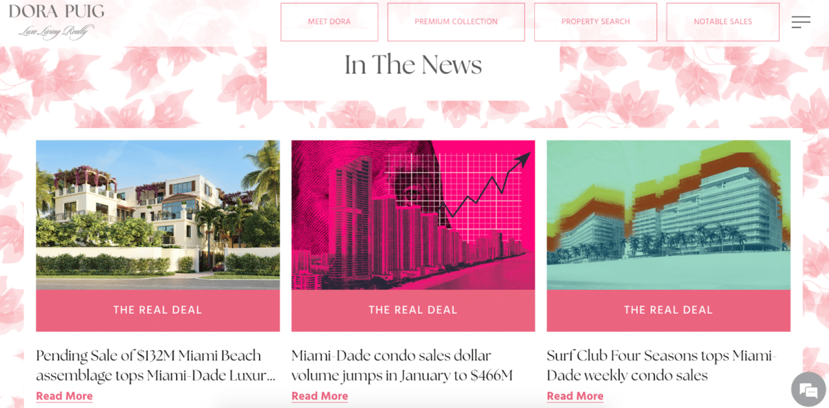 "In the news" section on the landing page of Dora Puig's website