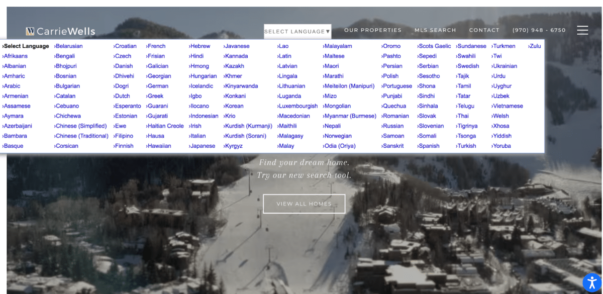 Langauge selection page on Carrie Well's website